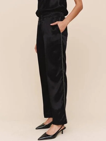 Bella Dahl Beaded Piping Trouser Satin Pants Black Small Classic Dressy